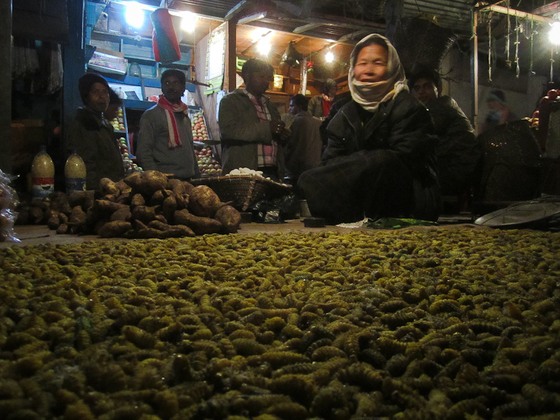 Mujer de la etnia apatani vendiendo gusanos en Ziro
